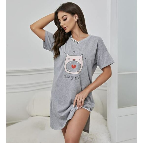NWT "Meow or Never" Gray Kitty Cat Short Sleeve Sleepshirts Nightgown pajamas L - Picture 5 of 11